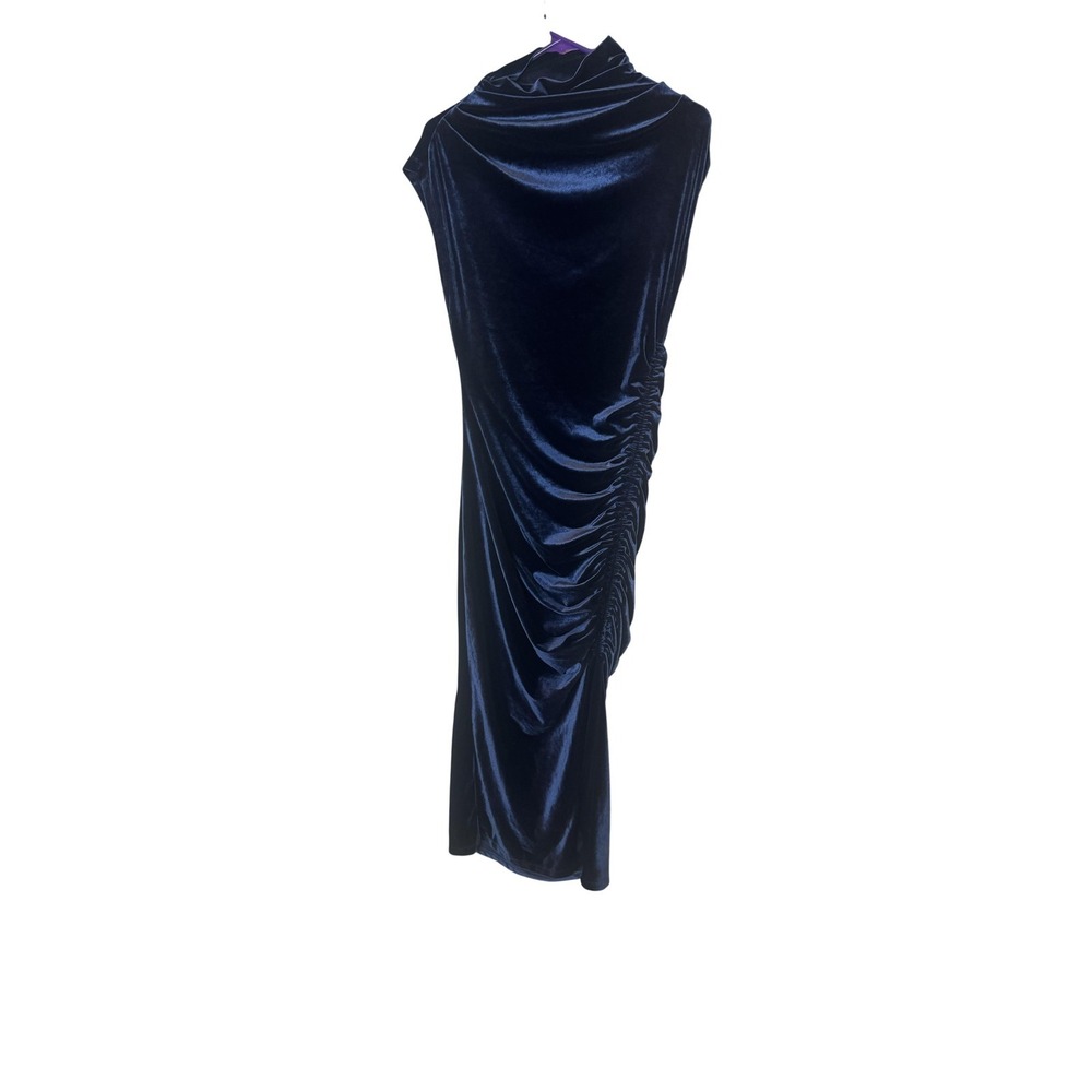 Anthropologie Dress Womens Small Navy Blue Velvet Ruched Cowl Neck Midi